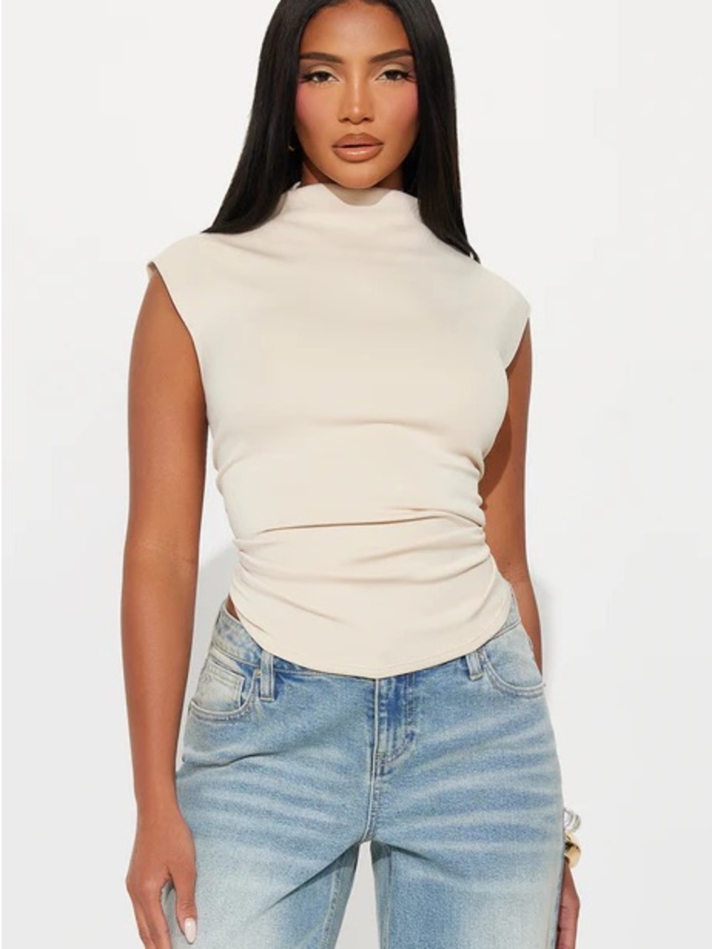 Fashion Nova Sleeveless Mock Neck Top in Cream